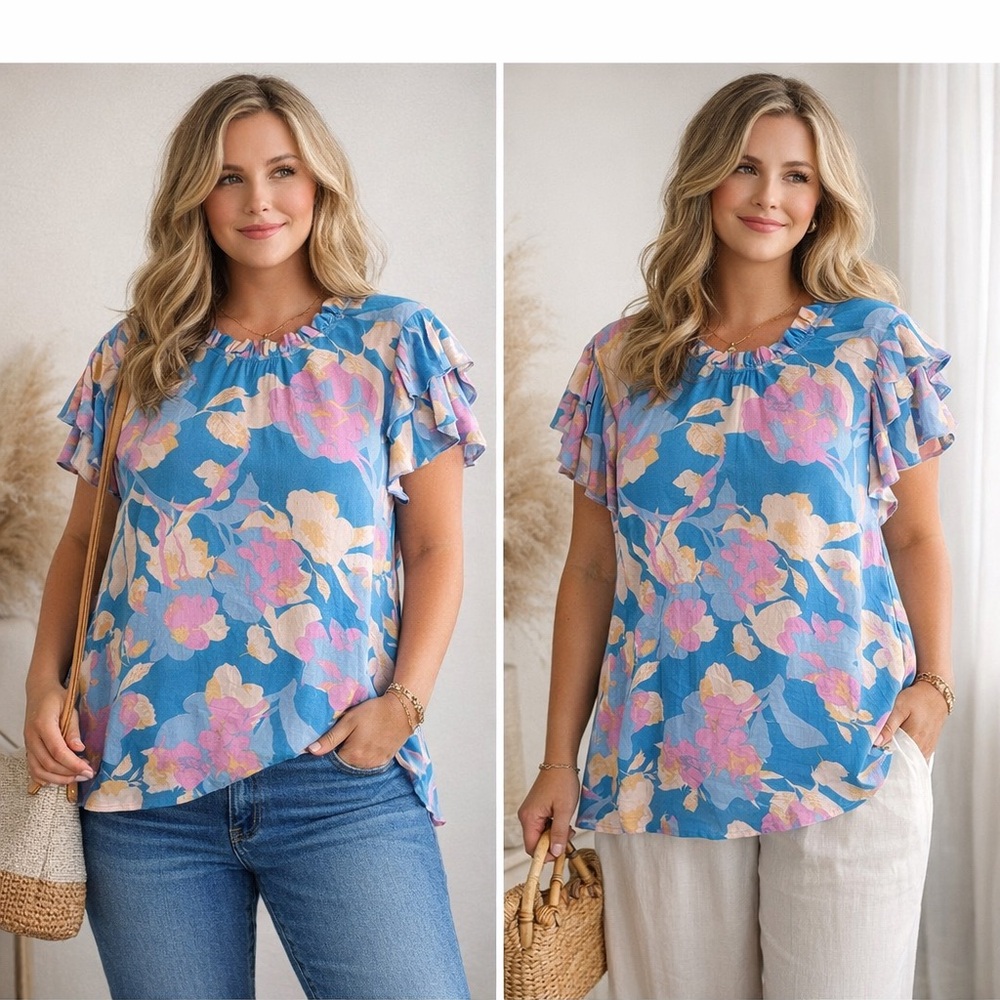 Haptics Floral Ruffle Sleeve Blouse